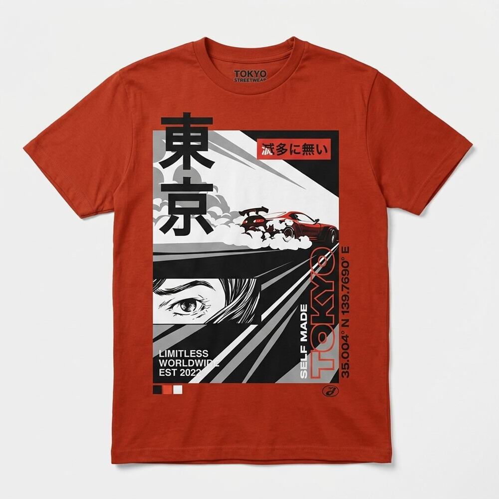 Tokyo Streetwear Anime JDM Drift Car Graphic T Shirt Orange Men's Size Small